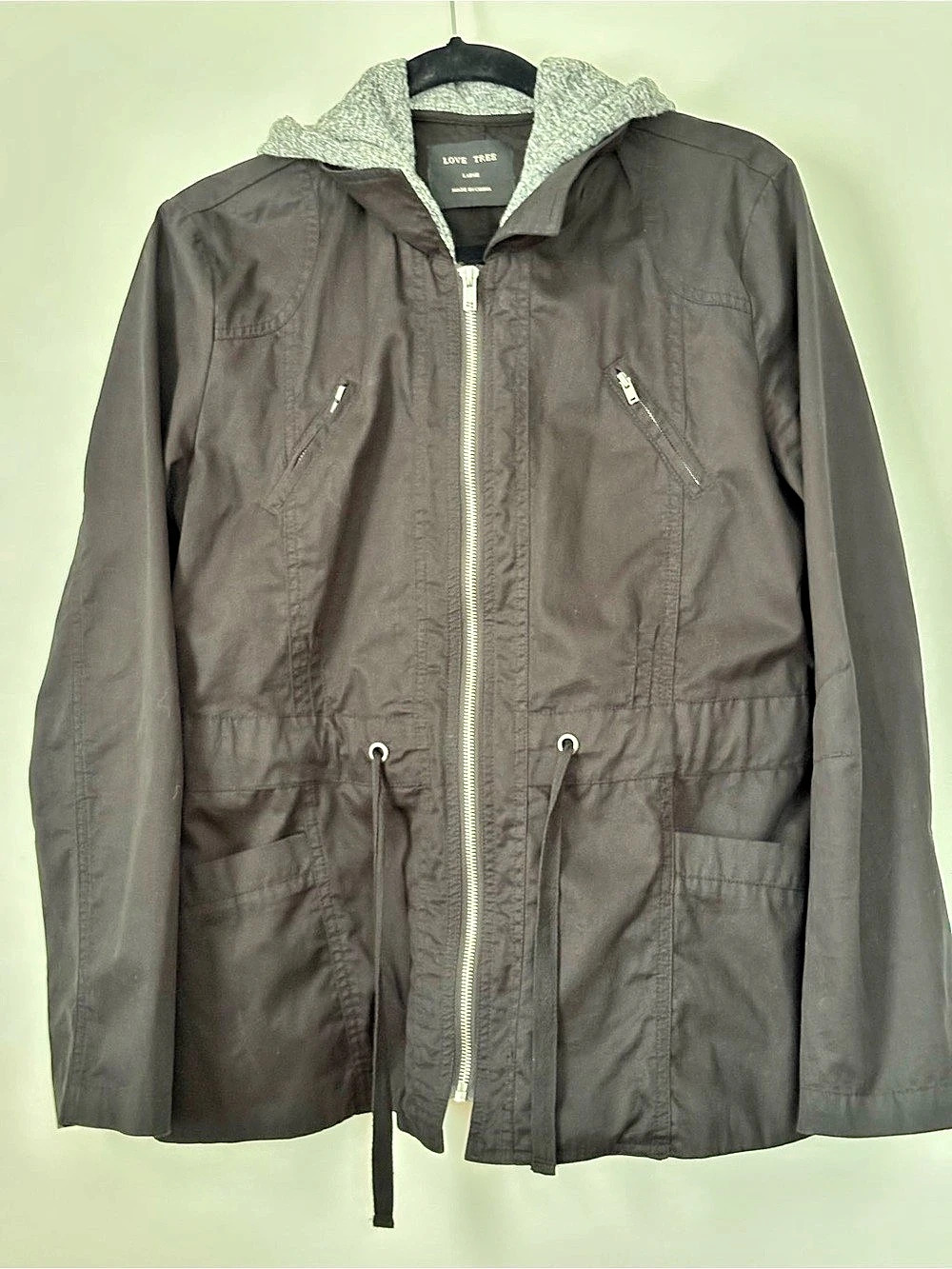 Love Tree Black Utility Jacket L Gray Hood Layered Anorak Drawstring Waist